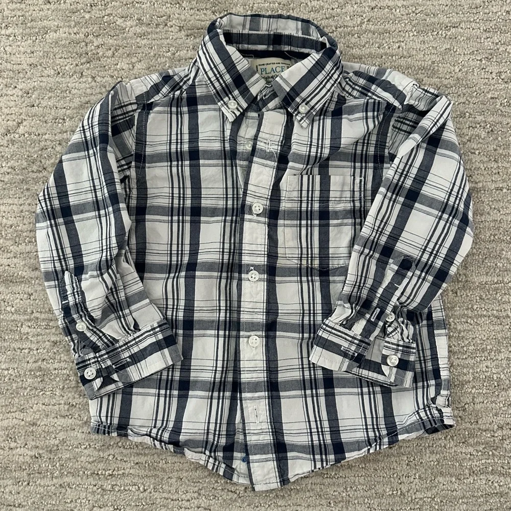 Children’s Place Navy White Plaid Cotton Button Down Shirt 3T